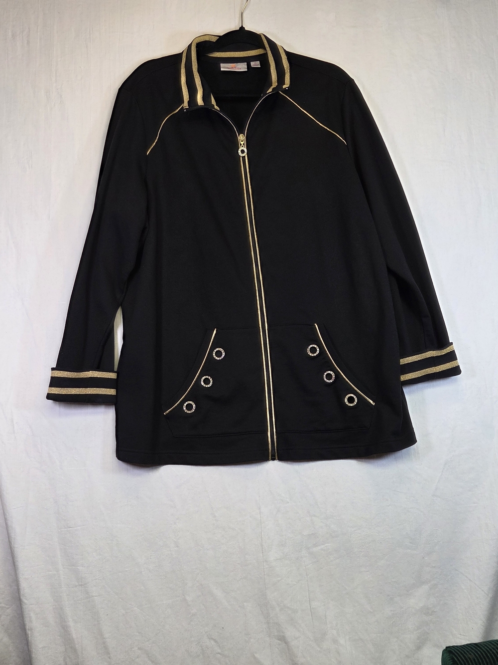 Quacker Factory Black Gold Rhinestone Zip-Up Jacket Women’s XL. #0388 "